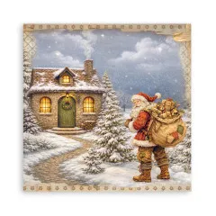 Santa Claus trägt seinen Geschenksack durch den Schnee zur Hütte.