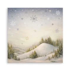 Verschneite Hügellandschaft mit Tannenbäumen bei Schneefall.