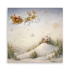 Santas Schlitten fliegt über eine schneebedeckte Hütte auf einem Hügel.