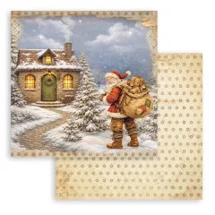 Santa Claus trägt Geschenksack zur Hütte, Rückseite Sternmuster.