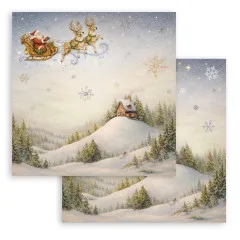Santas Schlitten über schneebedeckter Hütte, Rückseite Schneehügel-Szene.