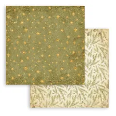 Olivgrünes Papier mit Goldsternen, Rückseite cremefarben mit Tannenzweigen.