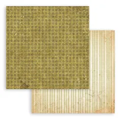 Oliv-goldenes Rautenmuster mit Rissoptik, Rückseite grün-cremefarben gestreift.