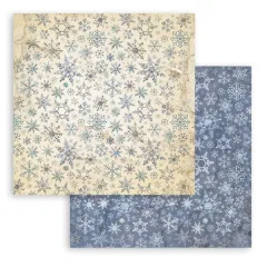 Cremefarbene Aquarell-Schneeflocken, Rückseite blaue Schneeflocken.