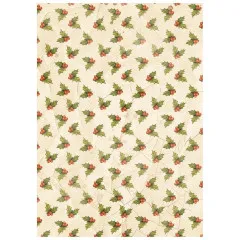 Cremefarbenes Hintergrundpapier mit Stechpalmenblättern und roten Beeren.