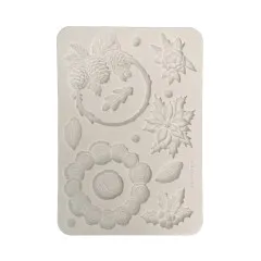 Silikonform A5 mit Reliefmotiven aus Kranz, Weihnachtsstern, Blüte, Blatt und Holzscheiben-Kranz.