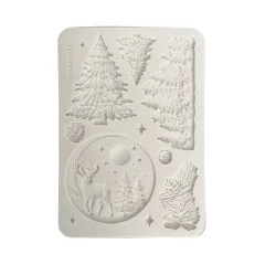 Silikonform A5 mit Reliefmotiven aus Tannenbäumen, Zapfen und einer runden Winterlandschaft mit Rentier und Mond.