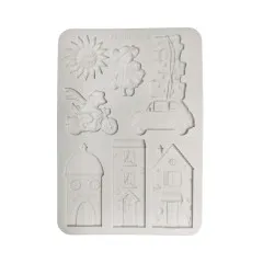 Stamperia Silicone Mould A5 Cozy Family - Silikonform mit Motiven wie Sonne, Häuser, Auto und Engel auf Fahrrad