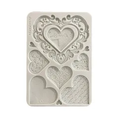 Stamperia Silikon-Gießform A5 Family Hearts mit ca. 10 verschiedenen Herzformen und Mustern
