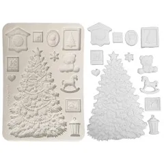 Stamperia Silikonform 'Christmas Tree' mit weißem Gipsabguss: Baum, Uhr, Teddy, Schaukelpferd und weitere Weihnachtsmotive.