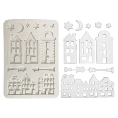 Stamperia Silikonform 'Christmas Village' mit weißem Gipsabguss: Hausfassaden, Laternen, Mond und Sterne.