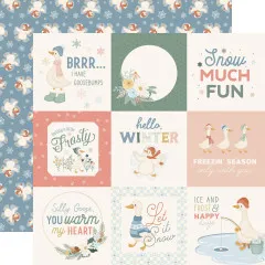 Neun quadratische Scrapbooking-Kärtchen mit süßen Gänsen im Winter und englischen Texten.