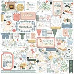 Großer Stickerbogen mit winterlichen Motiven wie Gänsen auf Schlitten, Schneemännern, Tannen und Sprüchen.