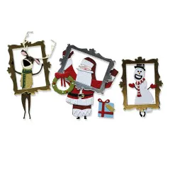 Fertig gestaltete Weihnachtsmotive mit Rentier, Weihnachtsmann und Schneemann im Rahmen