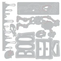 Grafische Darstellung der Stanzformen für Skelett, Totenkopf, Blutstropfen und die Wörter „BOO!" und „EEK!".