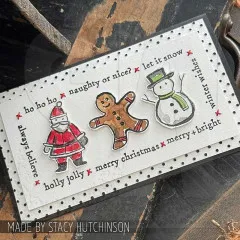 Slimline-Karte mit Weihnachtsmann, Lebkuchenmann und Schneemann, umrahmt von Sprüchen