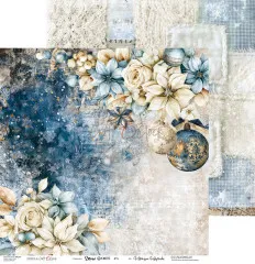 Erster Bogen des Snow Games Paper Sets in Blau- und Weisstönen mit winterlichen Blumen.