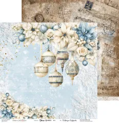 Sechster Bogen des Snow Games Papiers mit Christbaumkugeln und hellblauem Hintergrund.