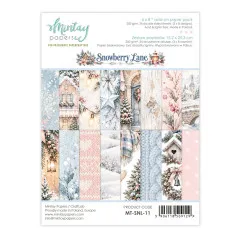 Cover des 6x8 Add-On Paper Pads Snowberry Lane mit Papierstreifen in Eisblau und Rosa: verschneite Häuser, Strickmuster und Tannen