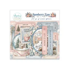 Verpackung der 38 Ephemera Snowberry Lane mit Schneekugel-Rahmen, Tickets und Winter-Sprüchen wie Believe in the Magic