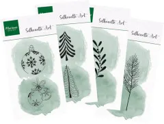 Vier "Silhouette Art" Clear-Stamp-Sets mit Christbaumkugeln, Tanne, Mistelzweig und Federzweig-Motiven.