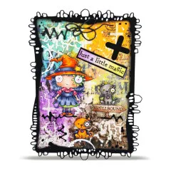 Mixed-Media Kunstwerk mit Hexen-Charakter, verzauberten Katzen und buntem Hintergrund basierend auf Spellbound-Stempeln