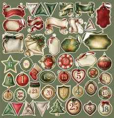 Ausgeschnittene Weihnachtsmotive und Ziffern auf grünem Hintergrund