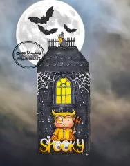 Turmkartengestaltung: Spooky Tower mit dunklem Haus, gelbem Fenster, Vogelscheuche, Mond und Fledermäusen