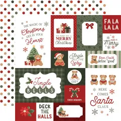 Weiße Papierseite mit bunten Pünktchen-Muster links und Festsprüchen mit Teddybären und Weihnachtsmotiven rechts