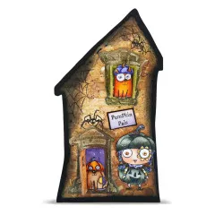 Schwarze Spukhaus-Form Dekokarte Braun-Beige, Fenster mit Orange-Katze, Kürbis-Mädchen unten, Spinne, herbstliche Vintage-Optik