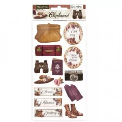 Stamperia Chipboard Our Way Packung mit Reisemotiven: Koffer, Fernglas, Stiefel, Hut und Schriftzüge