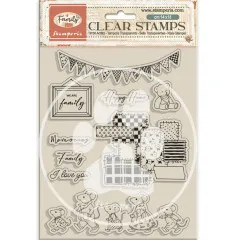 Stamperia Clear Stamps Family Party Set mit 9 transparenten Stempeln, Girlanden-, Familie-, Teddybär- und Schriftzug-Motive