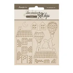 Stamperia Decorative Chips Set mit gelaserten Motiven: zwei Häuser, Luftballons, Kinderfiguren und Mond auf beigem Untergrund
