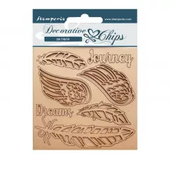 Stamperia Decorative Chips Our way Journey 14x14 cm mit Federn und Schriftzügen auf beige Karton