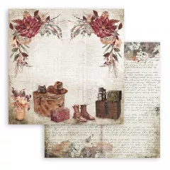 Stamperia 2-seitiges Designpapier-Pad 12x12 Zoll mit Vintage-Travel-Motiven: bunte Blüten, Koffer, Stiefel, Kamera und antiker Schrift auf creme-beigem Hintergrund