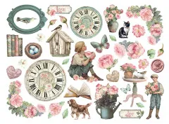 39 Stanzteile House of Roses mit Rosenmotiven, Uhren, Vögeln, Katze, Hund und Vintage-Figuren