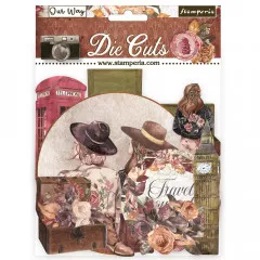 Stamperia Die Cuts Our Way Packung mit Vintage-Motiven: zwei Damen mit Hüten, Koffer, Blüten und London-Symbolen