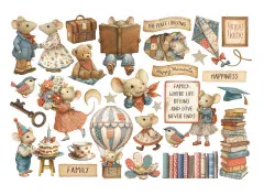 Alle 29 einzelnen Stanzteile der Stamperia Ephemera Family: Mäuse in verschiedenen Positionen, Teddybären, Heißluftballon, Koffer, Bücherstapel, Vogel, Blüten, Textbanner