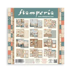 Rückseite der Stamperia Family Box mit Produktübersicht und farbigen Designpapier-Mustern