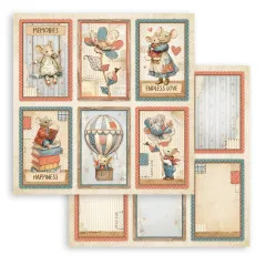 Stamperia Family Designpapier 12x12 mit niedlichen Motiven, Mäusen und Vintage-Design in Creme, Terrakotta und Blau