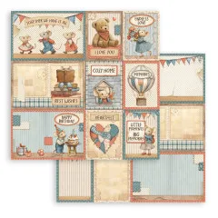 Stamperia Designpapier 12x12 mit Family-Motiven: Bären, Mäuse, Vintage-Elemente, Spruchkarten in Creme, Blau und Rot