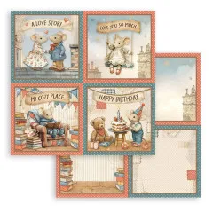Stamperia Designpapier 12x12 mit 4 Motiven: verliebte Mäuse, Maus auf Schaukel, Maus im Sessel, Mäuse Geburtstagstorte