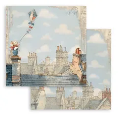 Stamperia Family Kite Designpapier 12x12 mit Dachlandschaft, Drachen und Vogel Motiv, doppelseitig bedruckt