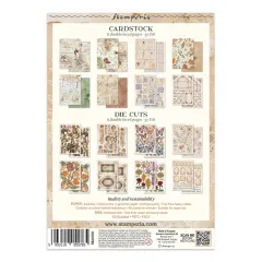 Produktübersicht Back-Label zeigend alle Cardstock- und Die Cuts-Seiten des Junk Journals mit Qualitätshinweisen