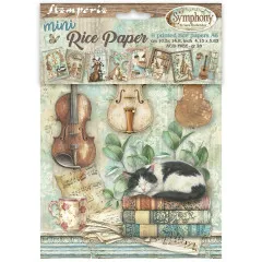 Stamperia Mini Rice Paper Symphony Verpackung mit Geigen, schlafender Katze und Notenblättern