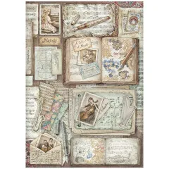 Stamperia Reispapier Symphony Letters and Books mit Musiknoten, Büchern und Instrumenten Motiven