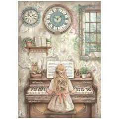 Stamperia Reispapier Piano mit Mädchen am Klavier, Vintage-Tapete, Wanduhren und Fenster