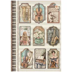 Reispapier Symphony mit Tags-Motiven: Instrumente, Notenblätter und Musikerinnen, A4