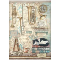 Stamperia Reispapier Symphony Trumpets and Cat mit Blechblasinstrumenten und schlafender Katze auf Büchern