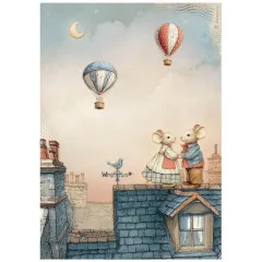 Stamperia Reispapier A4 mit Illustration: Zwei Mäuse auf Hausdach mit Heißluftballons und Mond im Hintergrund, Vintage-Stil